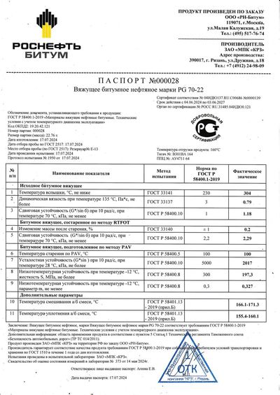 Паспорт № 000028 · PG 70-22