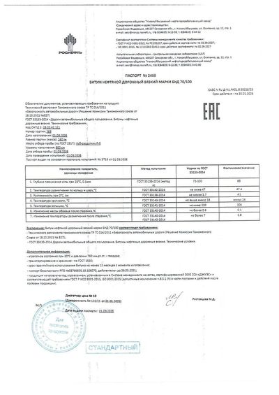 Паспорт № 2455 · БНД 70/100