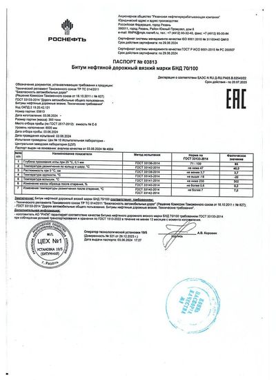 Паспорт № 03813 · БНД 70/100